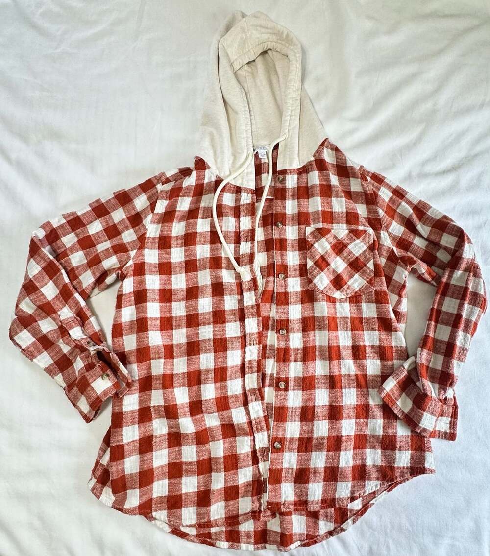 Time and Tru Orange and White Checkered Flannel Hooded Shirt Size L 12-14
